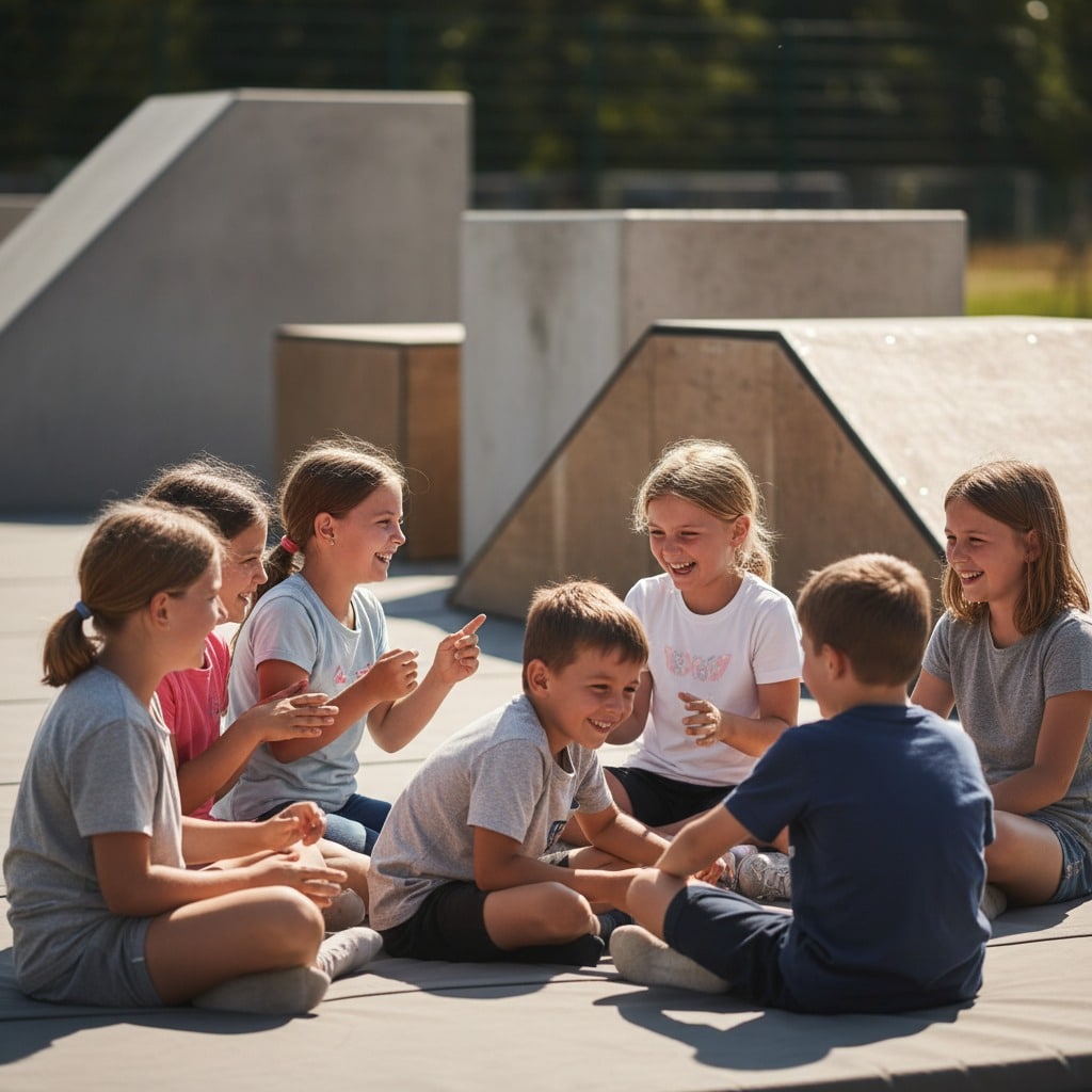 Un gruppo di bambini siede in cerchio su un pavimento all'aperto, ridendo e chiacchierando tra loro.