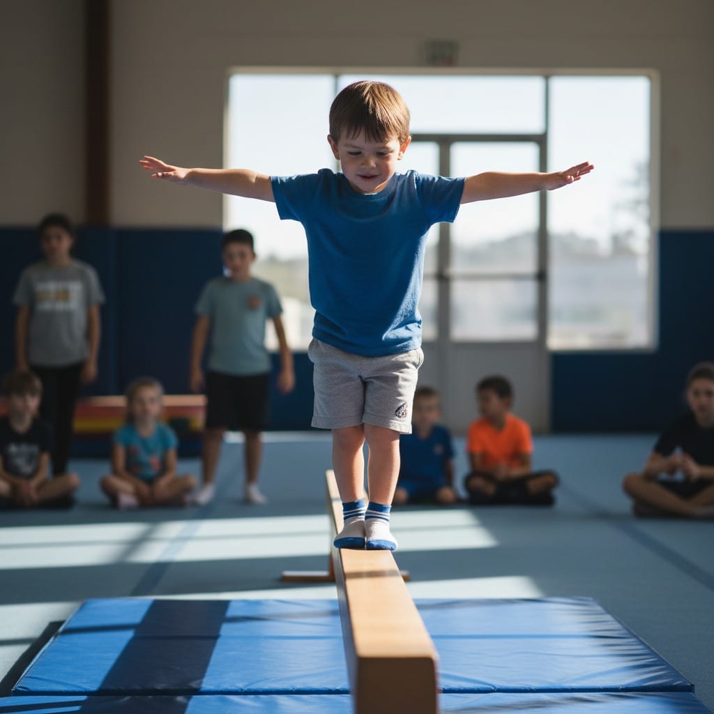 Un bambino cammina in equilibrio su una trave in palestra con le braccia aperte mentre altri bambini osservano sullo sfondo.